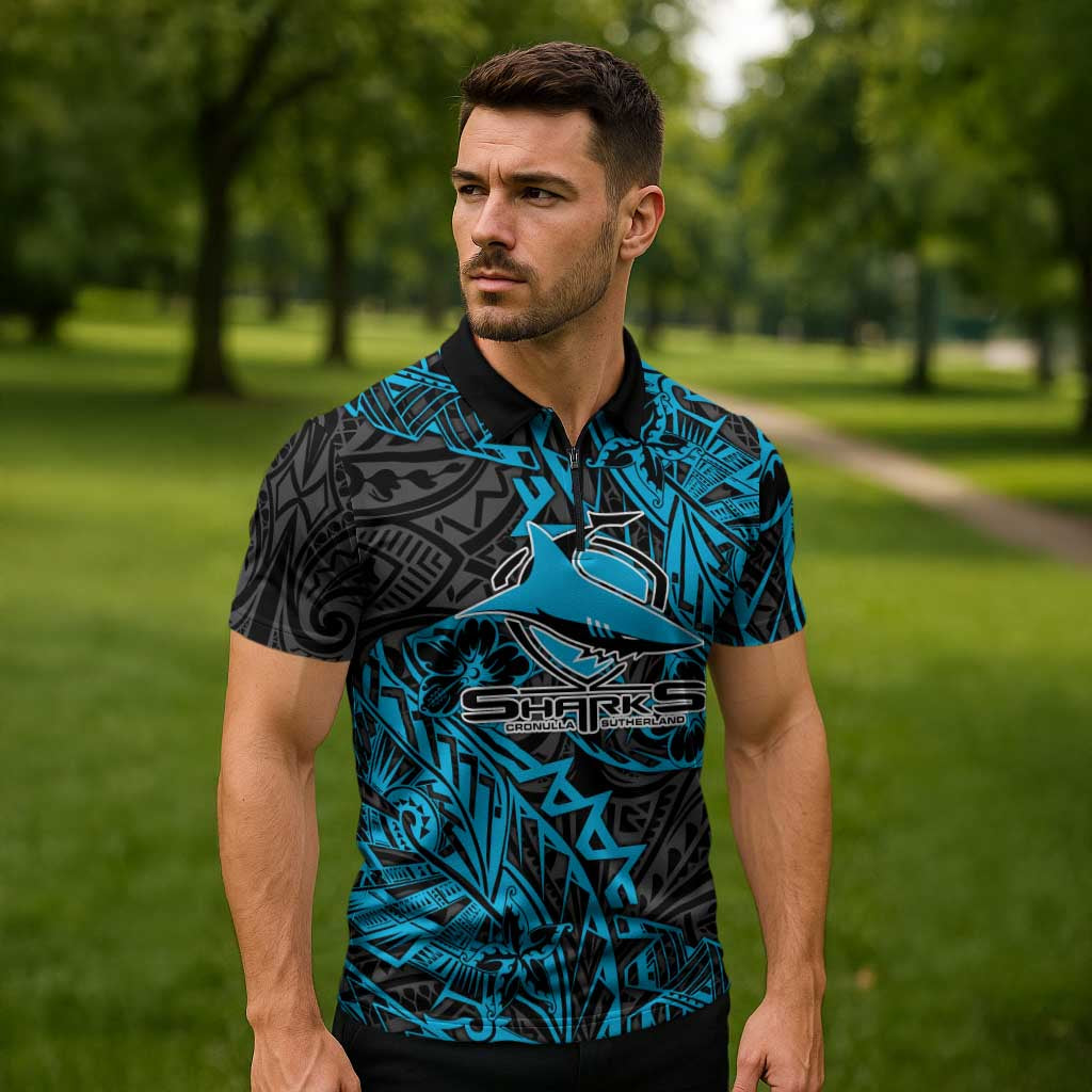 Personalised Cronulla-Sutherland Sharks Zipper Polo Shirt Polynesian Tribal Pattern With Rugby Shark Mascot Art