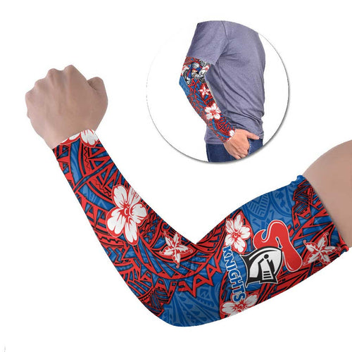 Personalised Newcastle Knights Arm Sleeves Polynesian Tribal Pattern With Rugby Knight Mascot Art