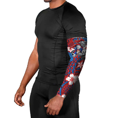 Personalised Newcastle Knights Arm Sleeves Polynesian Tribal Pattern With Rugby Knight Mascot Art