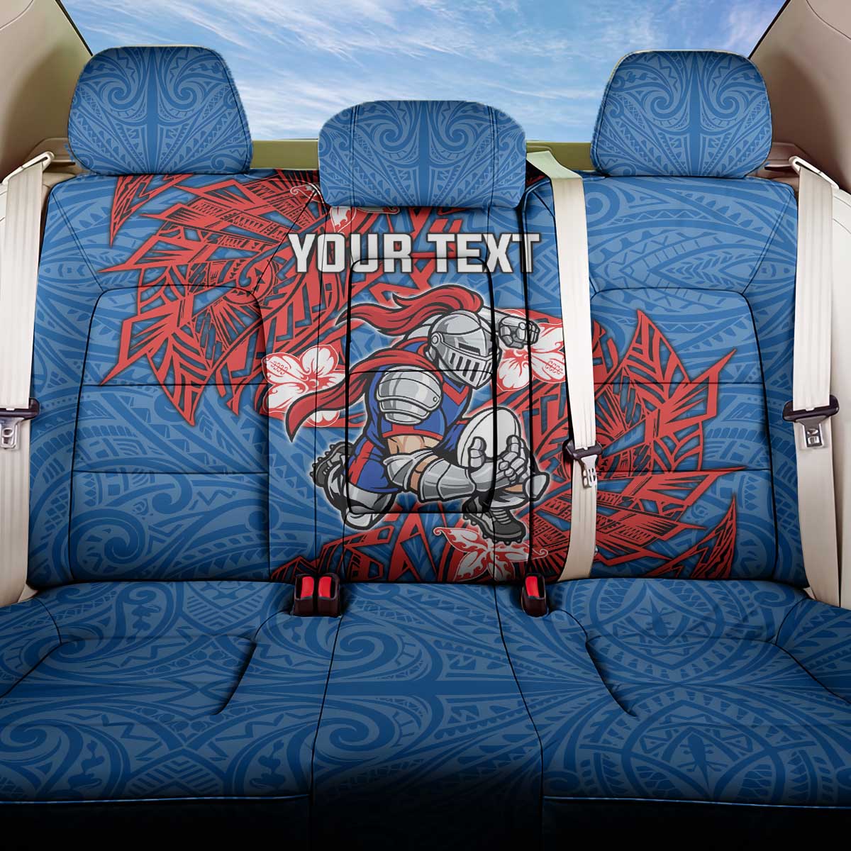 Personalised Newcastle Knights Back Car Seat Cover Polynesian Tribal Pattern With Rugby Knight Mascot Art