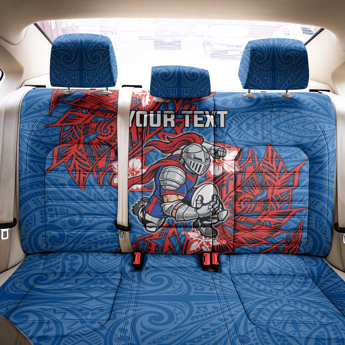 Personalised Newcastle Knights Back Car Seat Cover Polynesian Tribal Pattern With Rugby Knight Mascot Art