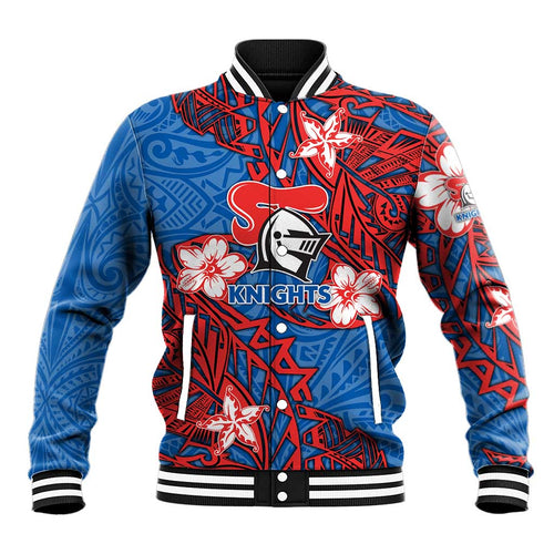 Personalised Newcastle Knights Baseball Jacket Polynesian Tribal Pattern With Rugby Knight Mascot Art