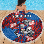 Personalised Newcastle Knights Beach Blanket Polynesian Tribal Pattern With Rugby Knight Mascot Art