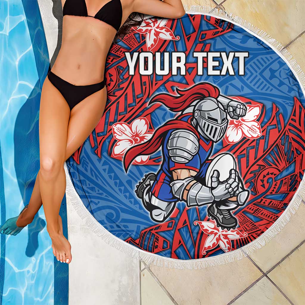 Personalised Newcastle Knights Beach Blanket Polynesian Tribal Pattern With Rugby Knight Mascot Art