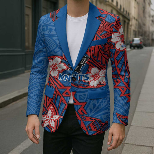 Personalised Newcastle Knights Blazer Polynesian Tribal Pattern With Rugby Knight Mascot Art