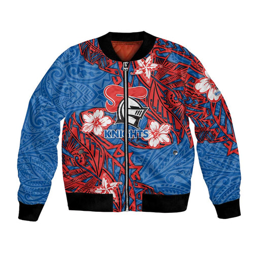 Personalised Newcastle Knights Bomber Jacket Polynesian Tribal Pattern With Rugby Knight Mascot Art