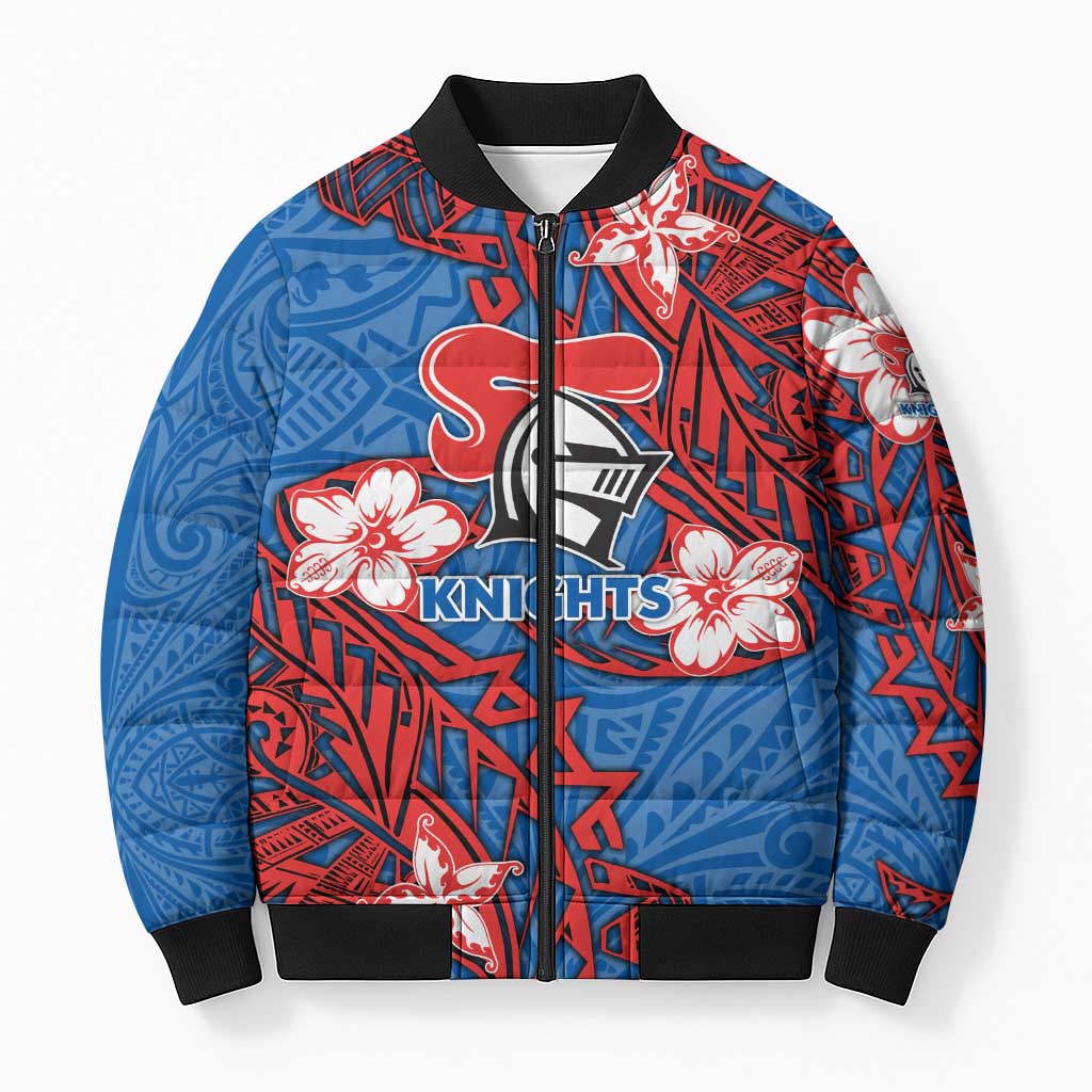 Personalised Newcastle Knights Bomber Puffer Jacket Polynesian Tribal Pattern With Rugby Knight Mascot Art