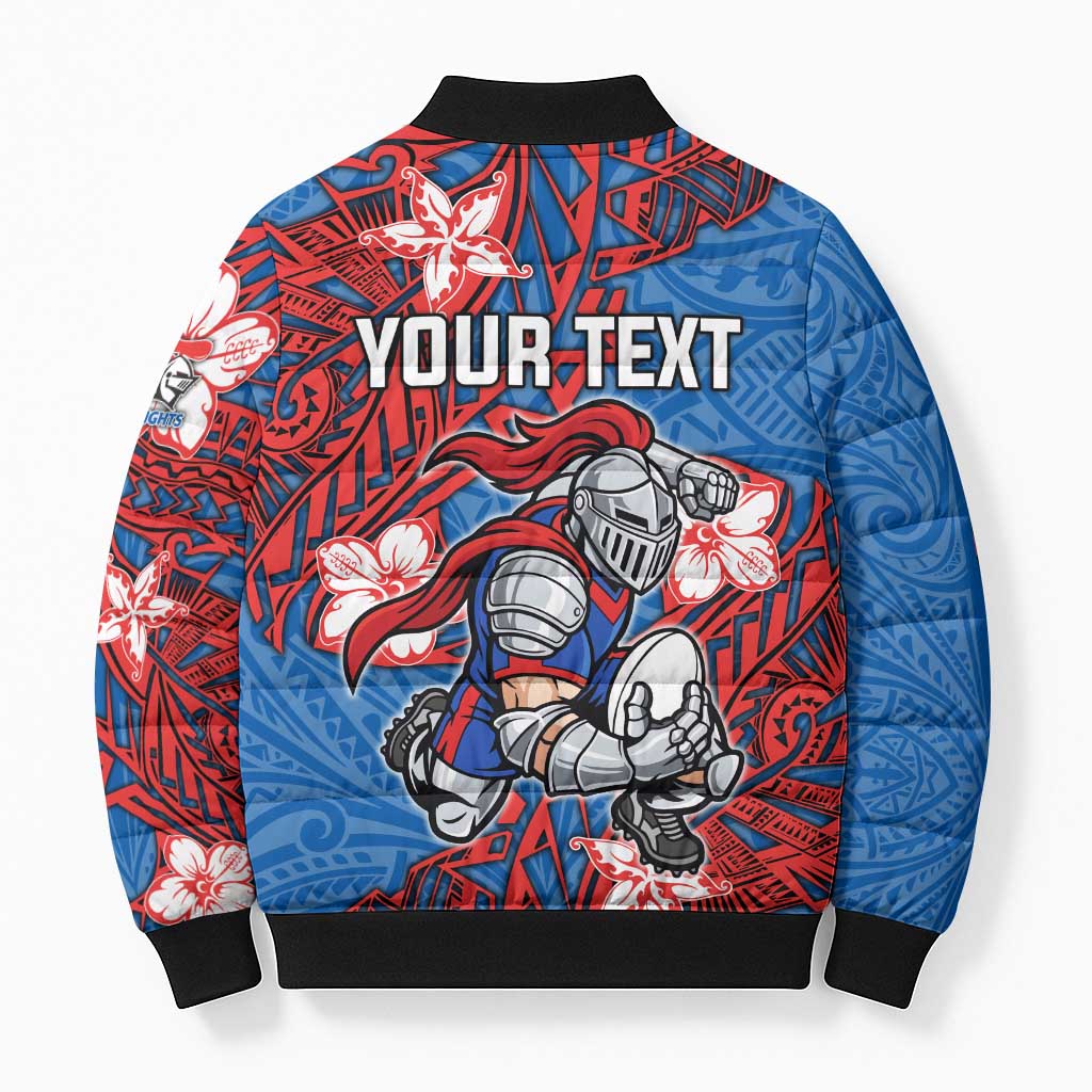 Personalised Newcastle Knights Bomber Puffer Jacket Polynesian Tribal Pattern With Rugby Knight Mascot Art