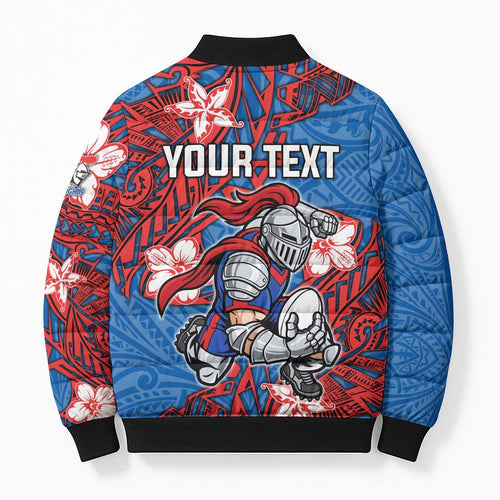 Personalised Newcastle Knights Bomber Puffer Jacket Polynesian Tribal Pattern With Rugby Knight Mascot Art