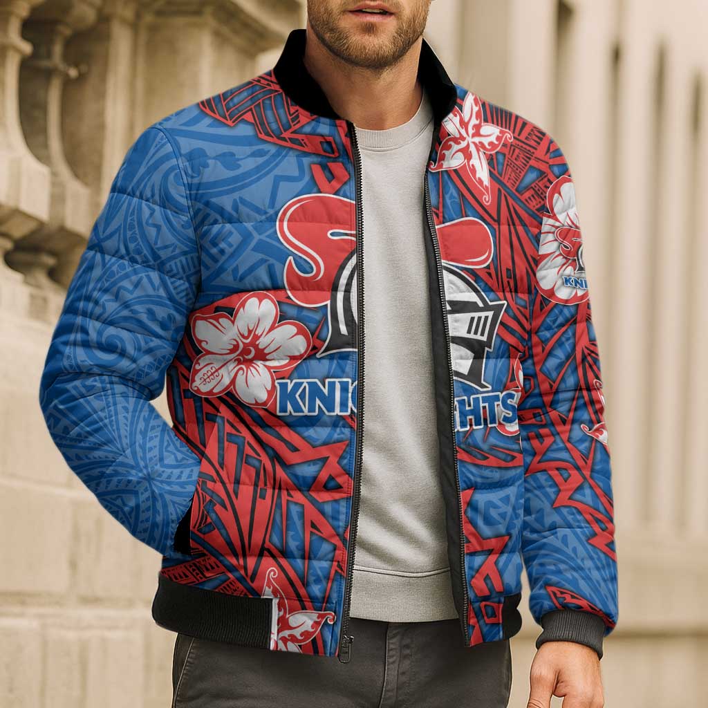 Personalised Newcastle Knights Bomber Puffer Jacket Polynesian Tribal Pattern With Rugby Knight Mascot Art