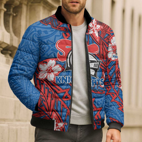 Personalised Newcastle Knights Bomber Puffer Jacket Polynesian Tribal Pattern With Rugby Knight Mascot Art