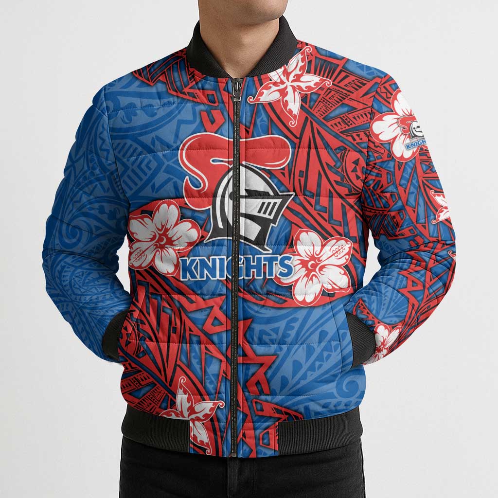 Personalised Newcastle Knights Bomber Puffer Jacket Polynesian Tribal Pattern With Rugby Knight Mascot Art