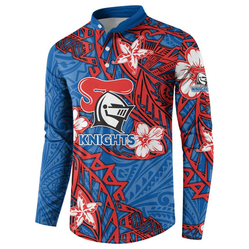 Personalised Newcastle Knights Button Sweatshirt Polynesian Tribal Pattern With Rugby Knight Mascot Art