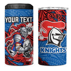 Personalised Newcastle Knights 4 in 1 Can Cooler Tumbler Polynesian Tribal Pattern With Rugby Knight Mascot Art