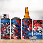 Personalised Newcastle Knights 4 in 1 Can Cooler Tumbler Polynesian Tribal Pattern With Rugby Knight Mascot Art