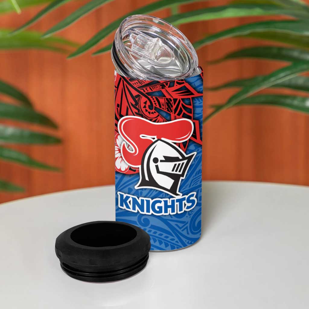 Personalised Newcastle Knights 4 in 1 Can Cooler Tumbler Polynesian Tribal Pattern With Rugby Knight Mascot Art
