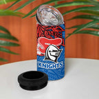 Personalised Newcastle Knights 4 in 1 Can Cooler Tumbler Polynesian Tribal Pattern With Rugby Knight Mascot Art