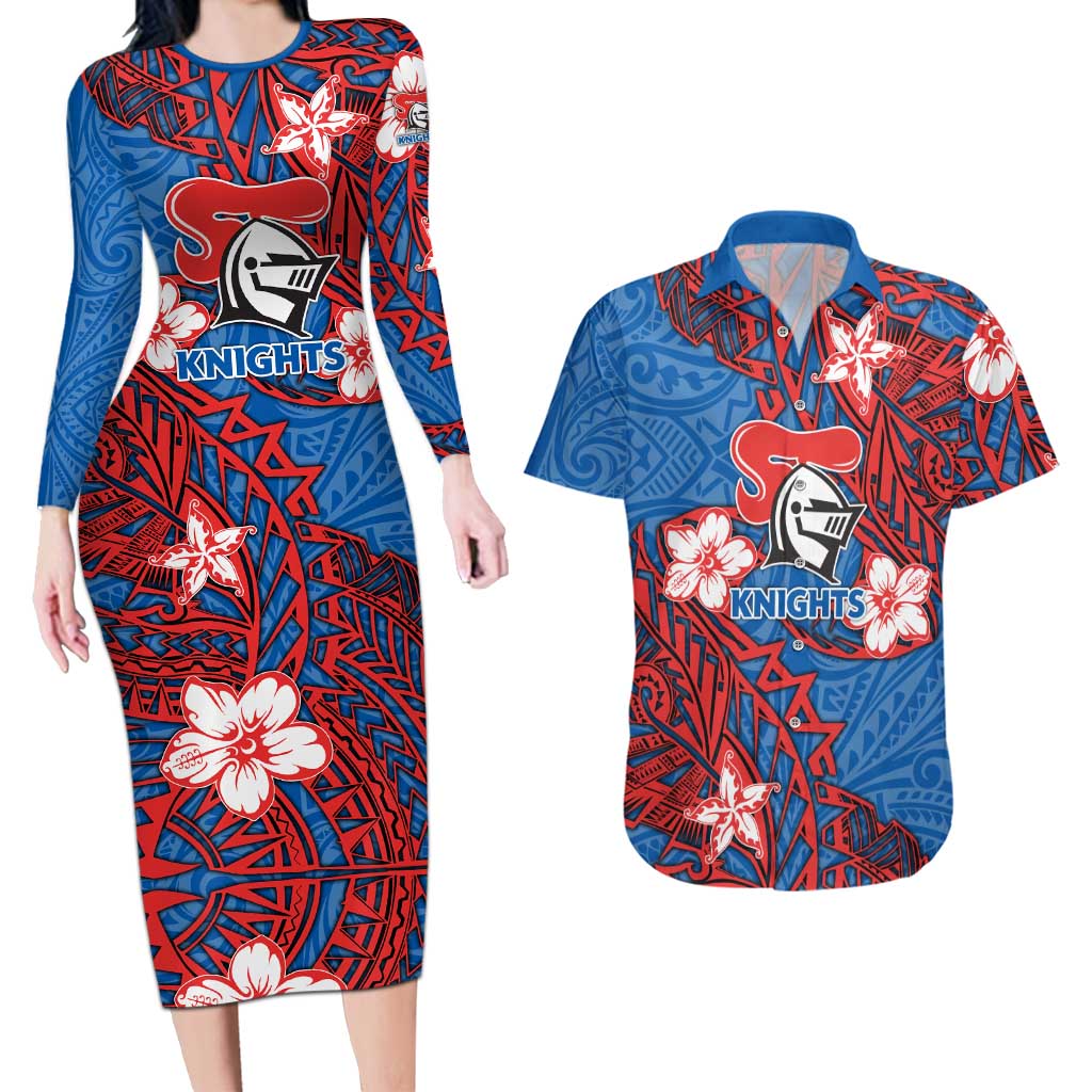 Personalised Newcastle Knights Couples Matching Long Sleeve Bodycon Dress and Hawaiian Shirt Polynesian Tribal Pattern With Rugby Knight Mascot Art