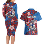 Personalised Newcastle Knights Couples Matching Long Sleeve Bodycon Dress and Hawaiian Shirt Polynesian Tribal Pattern With Rugby Knight Mascot Art