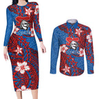Personalised Newcastle Knights Couples Matching Long Sleeve Bodycon Dress and Long Sleeve Button Shirt Polynesian Tribal Pattern With Rugby Knight Mascot Art