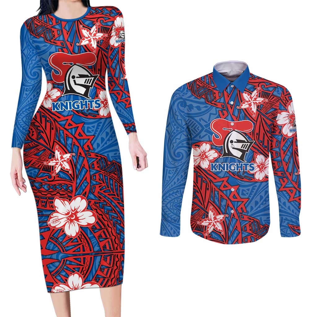 Personalised Newcastle Knights Couples Matching Long Sleeve Bodycon Dress and Long Sleeve Button Shirt Polynesian Tribal Pattern With Rugby Knight Mascot Art