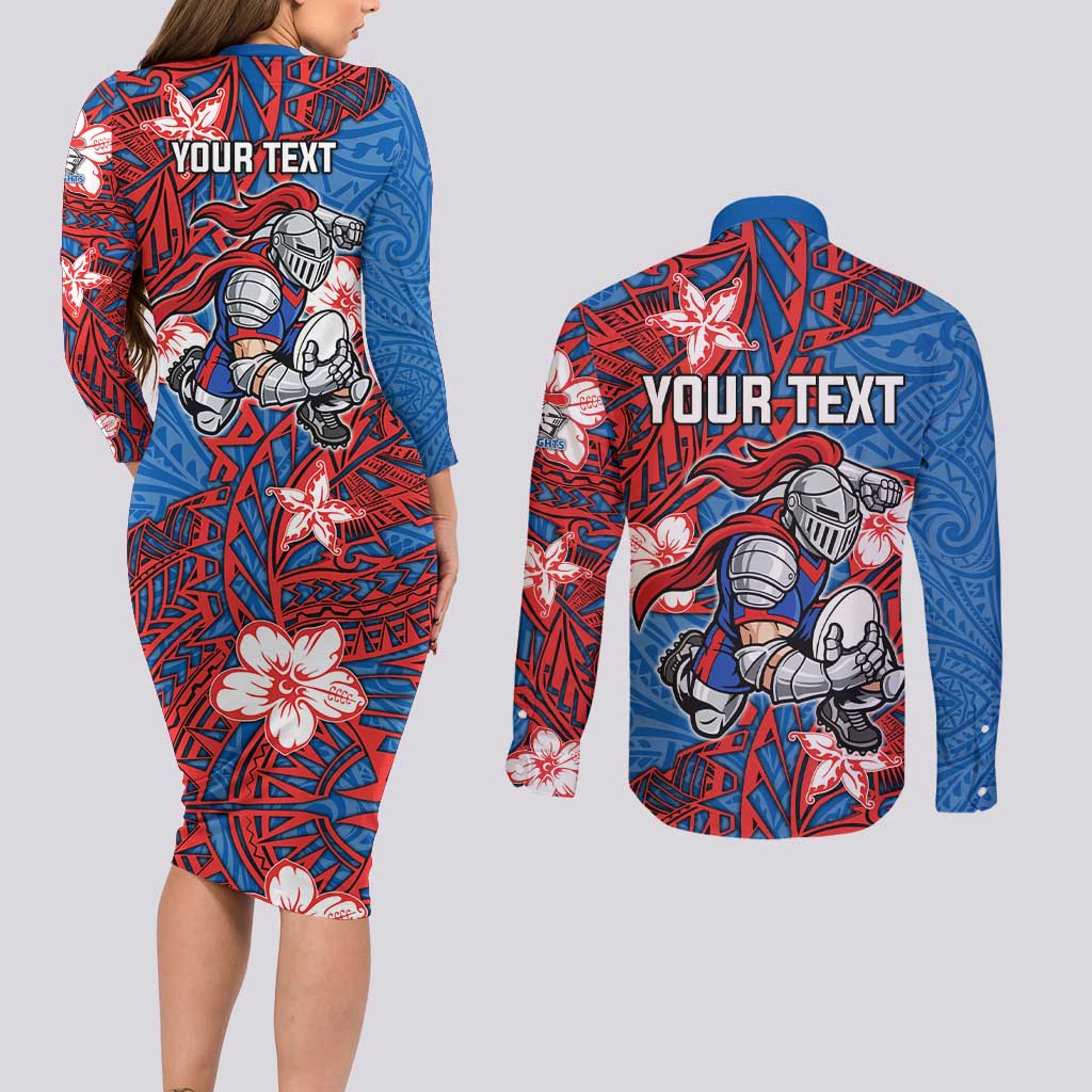 Personalised Newcastle Knights Couples Matching Long Sleeve Bodycon Dress and Long Sleeve Button Shirt Polynesian Tribal Pattern With Rugby Knight Mascot Art