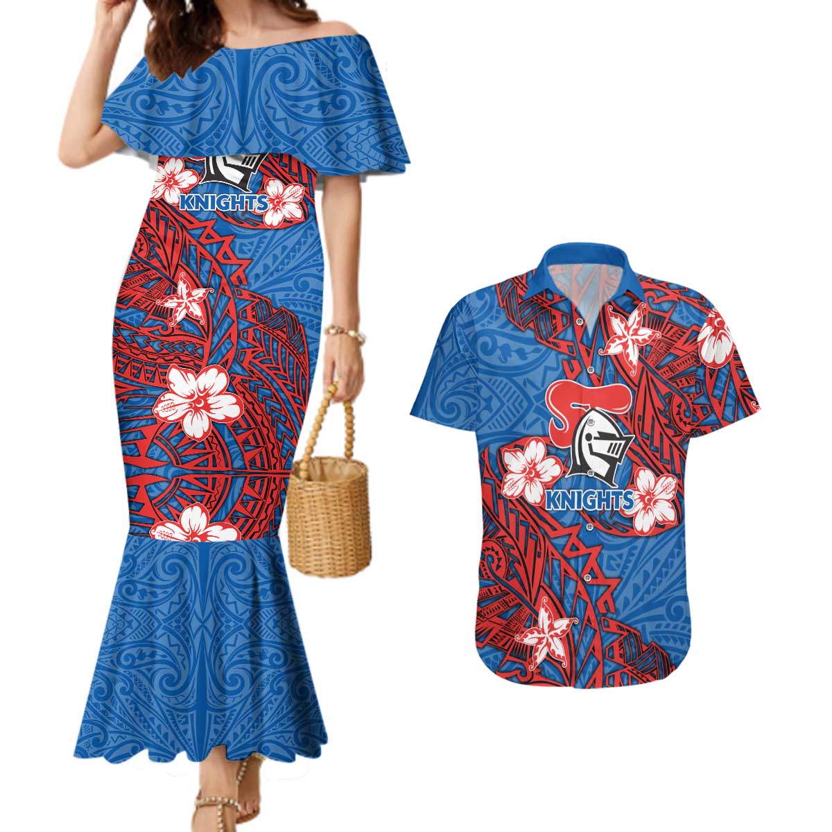 Personalised Newcastle Knights Couples Matching Mermaid Dress and Hawaiian Shirt Polynesian Tribal Pattern With Rugby Knight Mascot Art