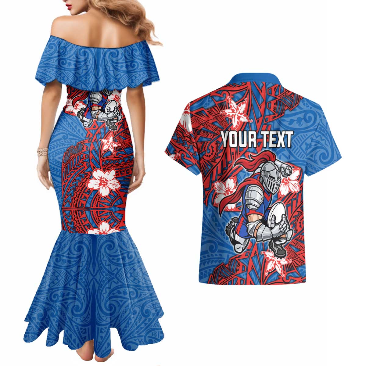 Personalised Newcastle Knights Couples Matching Mermaid Dress and Hawaiian Shirt Polynesian Tribal Pattern With Rugby Knight Mascot Art