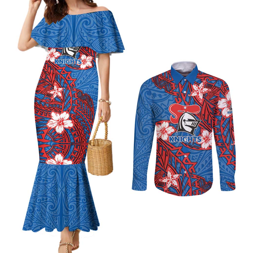 Personalised Newcastle Knights Couples Matching Mermaid Dress and Long Sleeve Button Shirt Polynesian Tribal Pattern With Rugby Knight Mascot Art