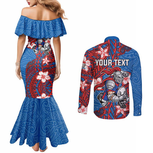 Personalised Newcastle Knights Couples Matching Mermaid Dress and Long Sleeve Button Shirt Polynesian Tribal Pattern With Rugby Knight Mascot Art