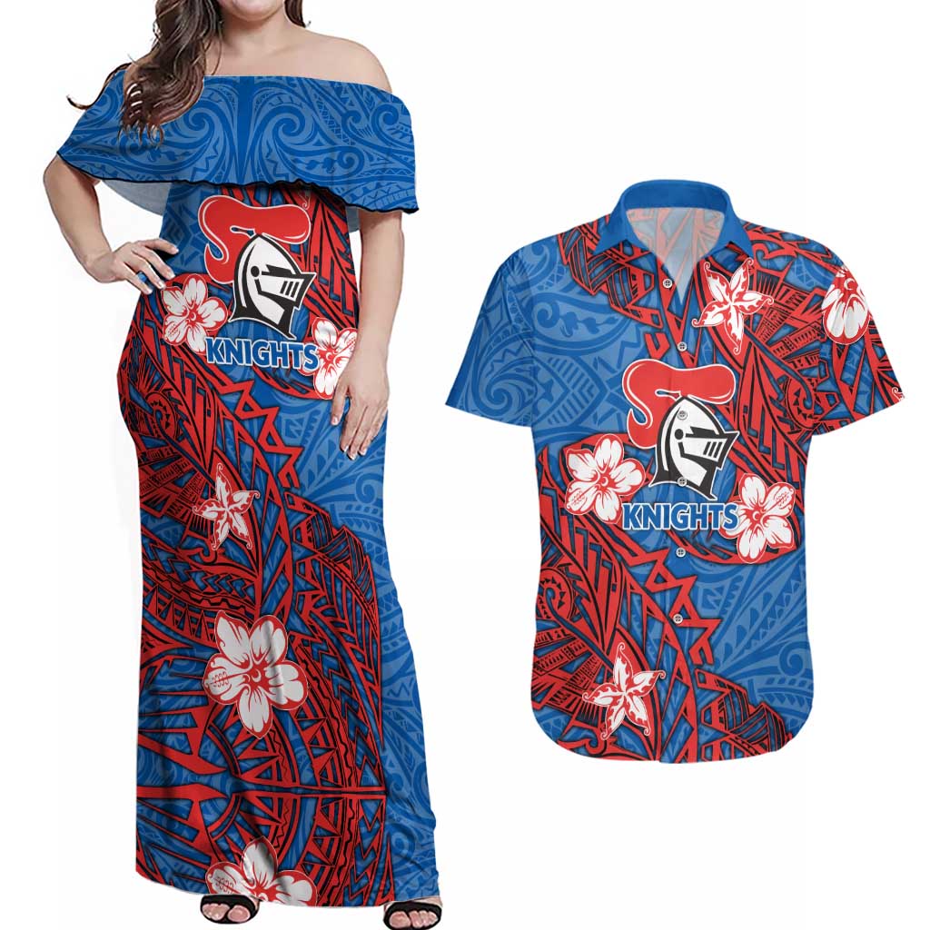 Personalised Newcastle Knights Couples Matching Off Shoulder Maxi Dress and Hawaiian Shirt Polynesian Tribal Pattern With Rugby Knight Mascot Art