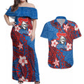 Personalised Newcastle Knights Couples Matching Off Shoulder Maxi Dress and Hawaiian Shirt Polynesian Tribal Pattern With Rugby Knight Mascot Art