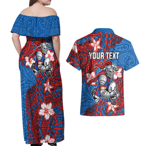 Personalised Newcastle Knights Couples Matching Off Shoulder Maxi Dress and Hawaiian Shirt Polynesian Tribal Pattern With Rugby Knight Mascot Art