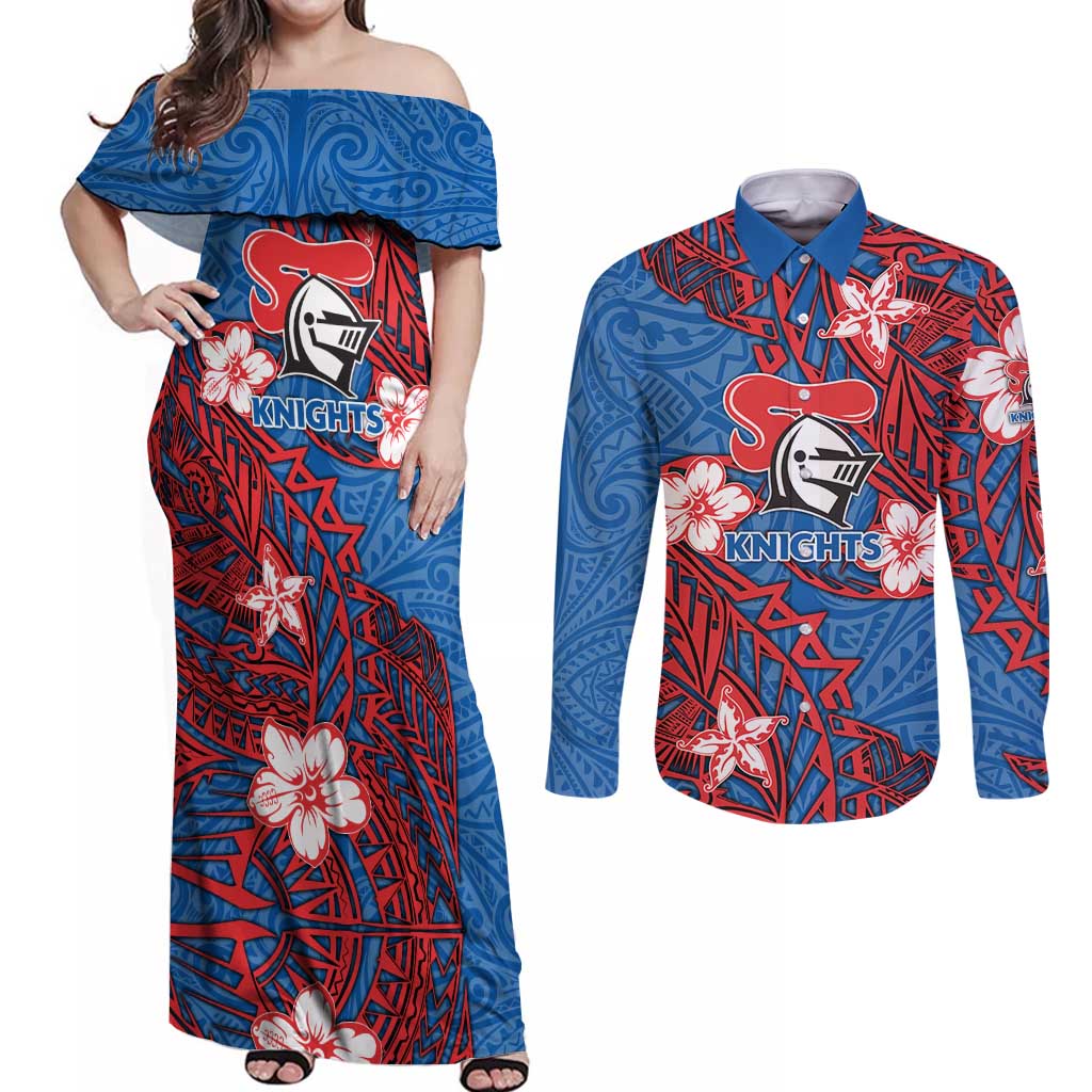 Personalised Newcastle Knights Couples Matching Off Shoulder Maxi Dress and Long Sleeve Button Shirt Polynesian Tribal Pattern With Rugby Knight Mascot Art