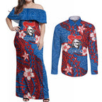 Personalised Newcastle Knights Couples Matching Off Shoulder Maxi Dress and Long Sleeve Button Shirt Polynesian Tribal Pattern With Rugby Knight Mascot Art