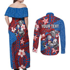 Personalised Newcastle Knights Couples Matching Off Shoulder Maxi Dress and Long Sleeve Button Shirt Polynesian Tribal Pattern With Rugby Knight Mascot Art