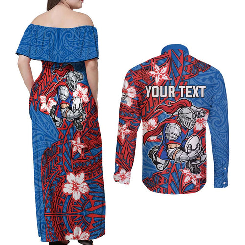 Personalised Newcastle Knights Couples Matching Off Shoulder Maxi Dress and Long Sleeve Button Shirt Polynesian Tribal Pattern With Rugby Knight Mascot Art