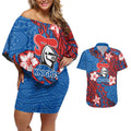 Personalised Newcastle Knights Couples Matching Off Shoulder Short Dress and Hawaiian Shirt Polynesian Tribal Pattern With Rugby Knight Mascot Art