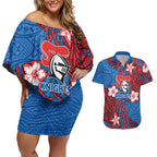 Personalised Newcastle Knights Couples Matching Off Shoulder Short Dress and Hawaiian Shirt Polynesian Tribal Pattern With Rugby Knight Mascot Art