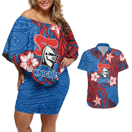 Personalised Newcastle Knights Couples Matching Off Shoulder Short Dress and Hawaiian Shirt Polynesian Tribal Pattern With Rugby Knight Mascot Art