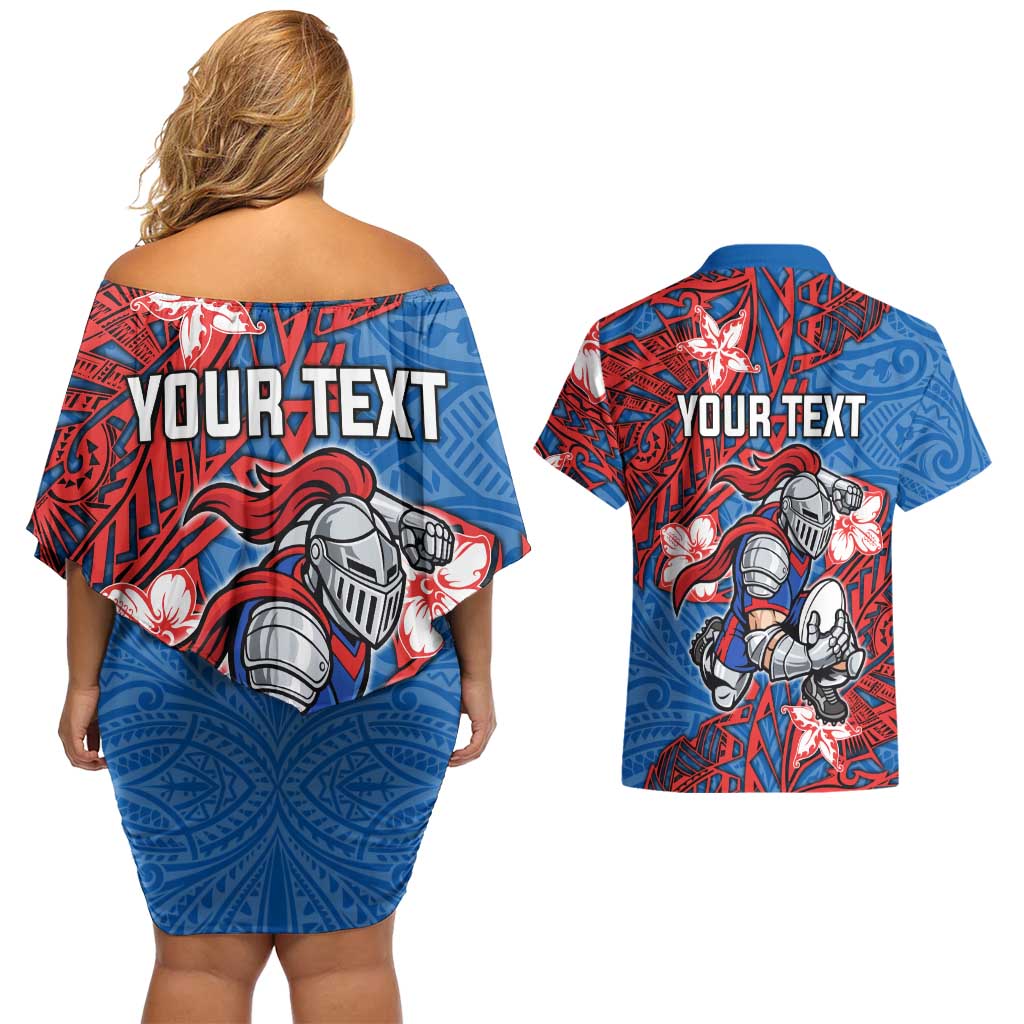 Personalised Newcastle Knights Couples Matching Off Shoulder Short Dress and Hawaiian Shirt Polynesian Tribal Pattern With Rugby Knight Mascot Art