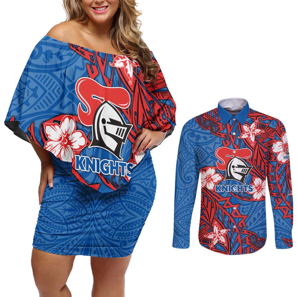 Personalised Newcastle Knights Couples Matching Off Shoulder Short Dress and Long Sleeve Button Shirt Polynesian Tribal Pattern With Rugby Knight Mascot Art