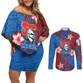 Personalised Newcastle Knights Couples Matching Off Shoulder Short Dress and Long Sleeve Button Shirt Polynesian Tribal Pattern With Rugby Knight Mascot Art