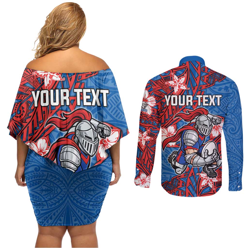 Personalised Newcastle Knights Couples Matching Off Shoulder Short Dress and Long Sleeve Button Shirt Polynesian Tribal Pattern With Rugby Knight Mascot Art