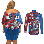 Personalised Newcastle Knights Couples Matching Off Shoulder Short Dress and Long Sleeve Button Shirt Polynesian Tribal Pattern With Rugby Knight Mascot Art