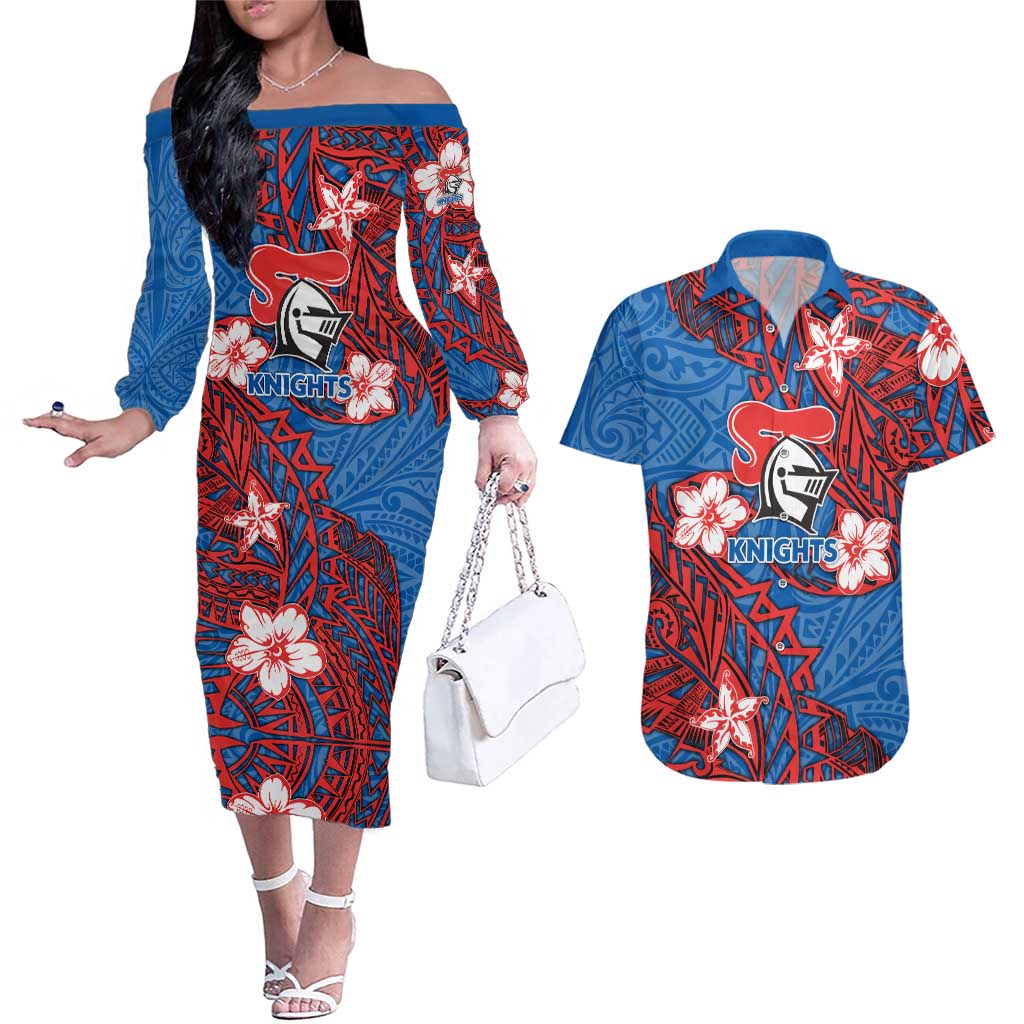 Personalised Newcastle Knights Couples Matching Off The Shoulder Long Sleeve Dress and Hawaiian Shirt Polynesian Tribal Pattern With Rugby Knight Mascot Art
