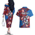 Personalised Newcastle Knights Couples Matching Off The Shoulder Long Sleeve Dress and Hawaiian Shirt Polynesian Tribal Pattern With Rugby Knight Mascot Art