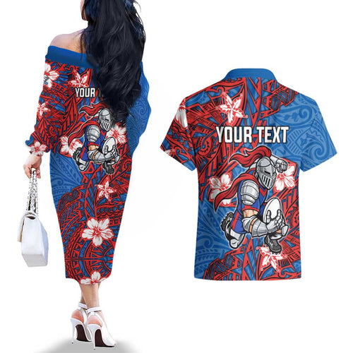 Personalised Newcastle Knights Couples Matching Off The Shoulder Long Sleeve Dress and Hawaiian Shirt Polynesian Tribal Pattern With Rugby Knight Mascot Art
