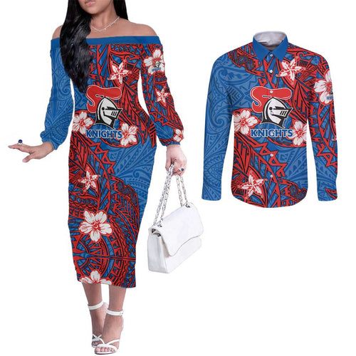 Personalised Newcastle Knights Couples Matching Off The Shoulder Long Sleeve Dress and Long Sleeve Button Shirt Polynesian Tribal Pattern With Rugby Knight Mascot Art