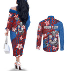 Personalised Newcastle Knights Couples Matching Off The Shoulder Long Sleeve Dress and Long Sleeve Button Shirt Polynesian Tribal Pattern With Rugby Knight Mascot Art